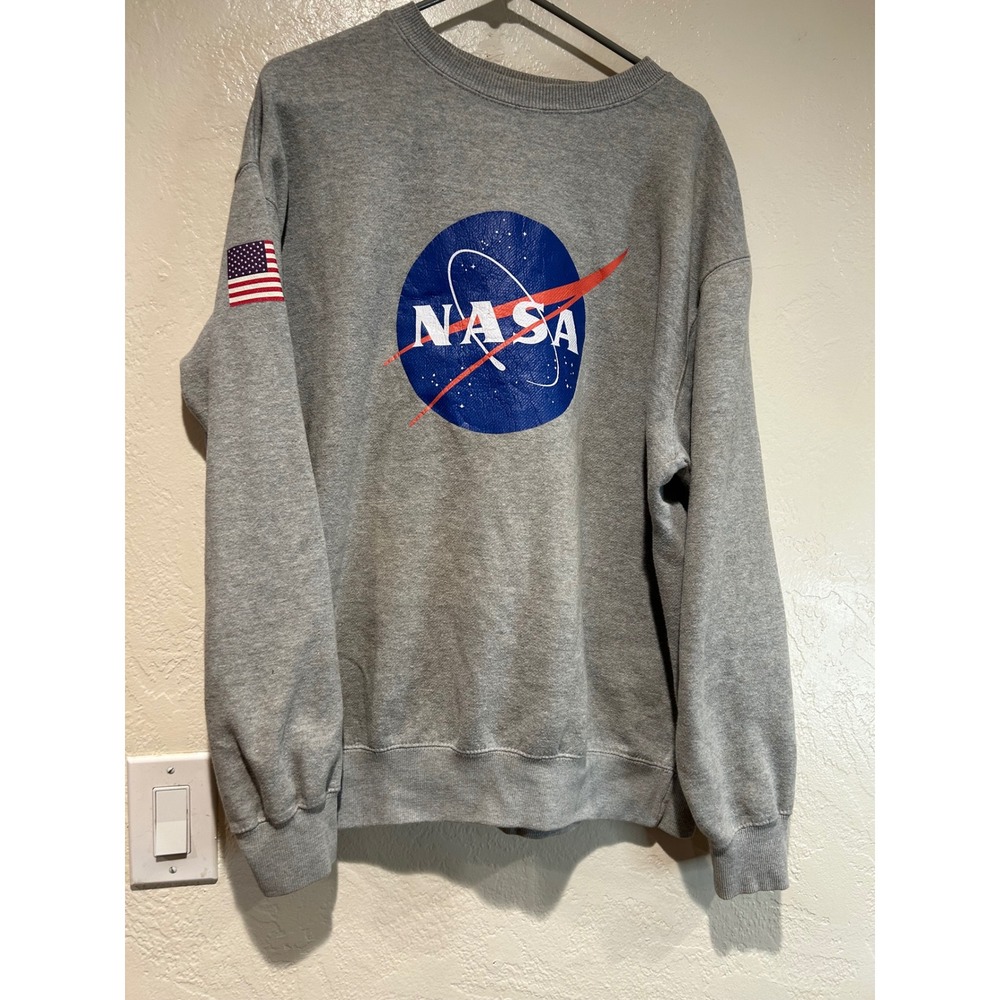 Three Layer NASA Graphic Crewneck Sweatshirt Gray‎ XL USA Flag Patch CR280 Mens